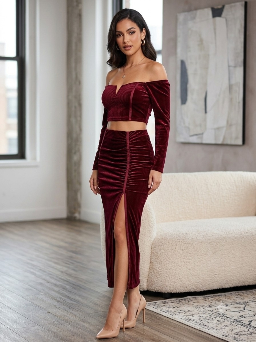 Haute Monde Set  Wine Velvet Ruched Midi Skirt with High Slit